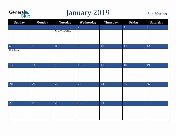 January 2019 San Marino Calendar (Sunday Start)