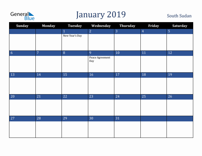 January 2019 South Sudan Calendar (Sunday Start)