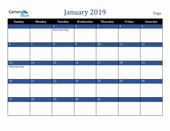 January 2019 Togo Calendar (Sunday Start)