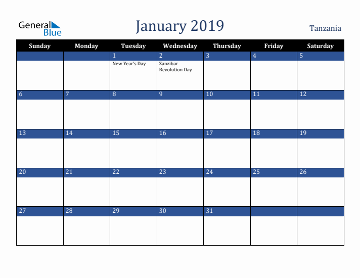 January 2019 Tanzania Calendar (Sunday Start)