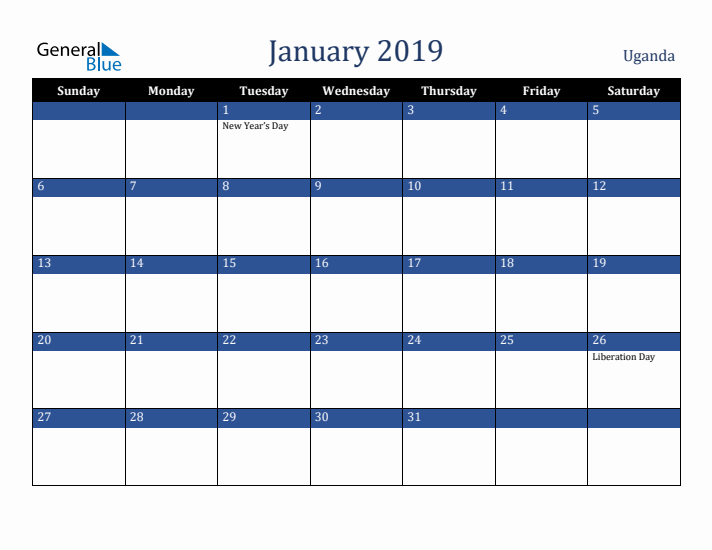 January 2019 Uganda Calendar (Sunday Start)