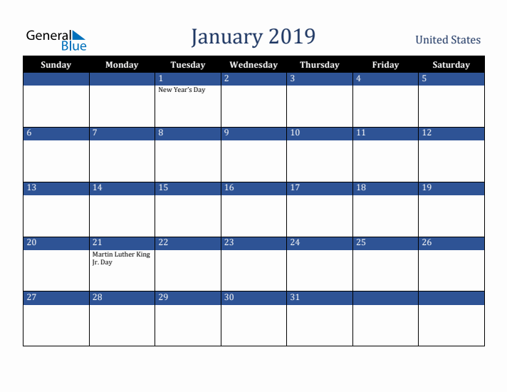 January 2019 United States Calendar (Sunday Start)