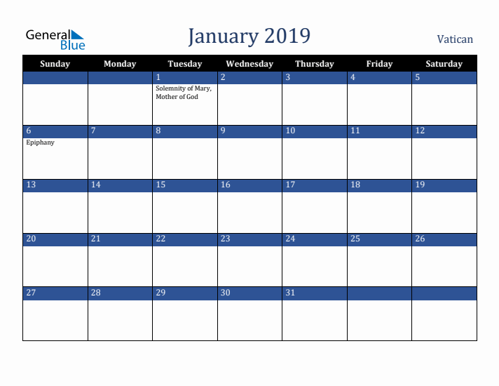 January 2019 Vatican Calendar (Sunday Start)