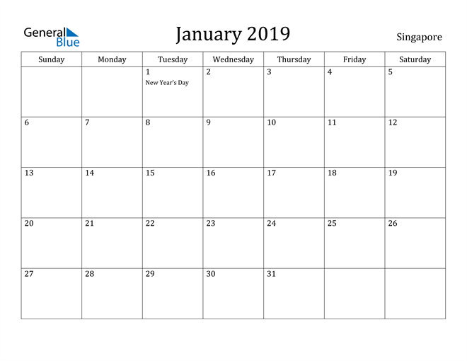 January 2019 Calendar Singapore