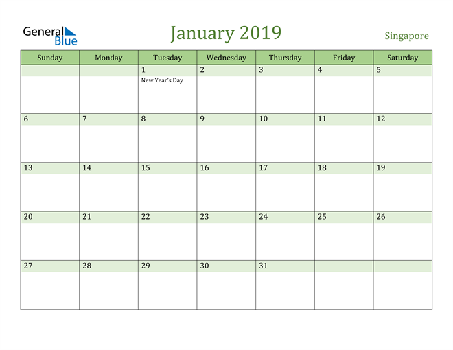 January 2019 Calendar with Singapore Holidays