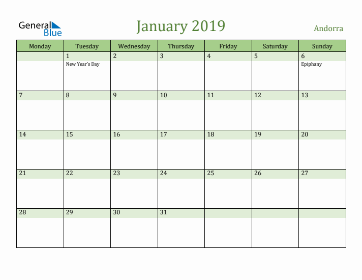 January 2019 Calendar with Andorra Holidays