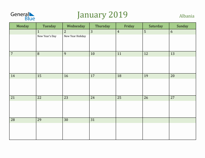 January 2019 Calendar with Albania Holidays