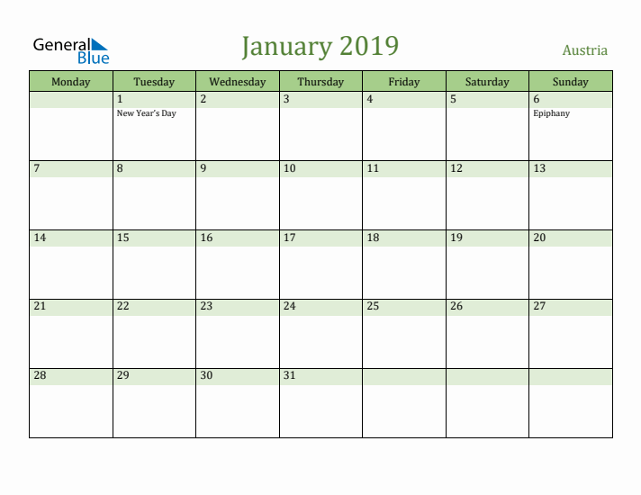 January 2019 Calendar with Austria Holidays