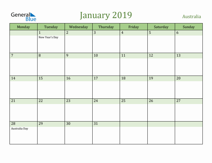 January 2019 Calendar with Australia Holidays