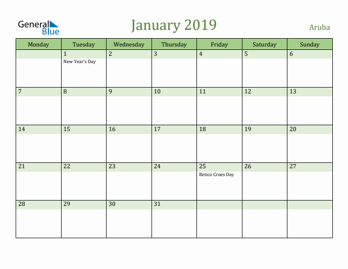 January 2019 Calendar with Aruba Holidays