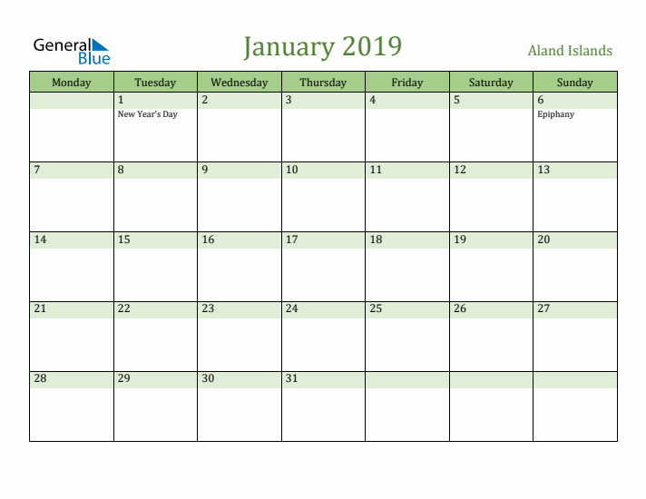 January 2019 Calendar with Aland Islands Holidays