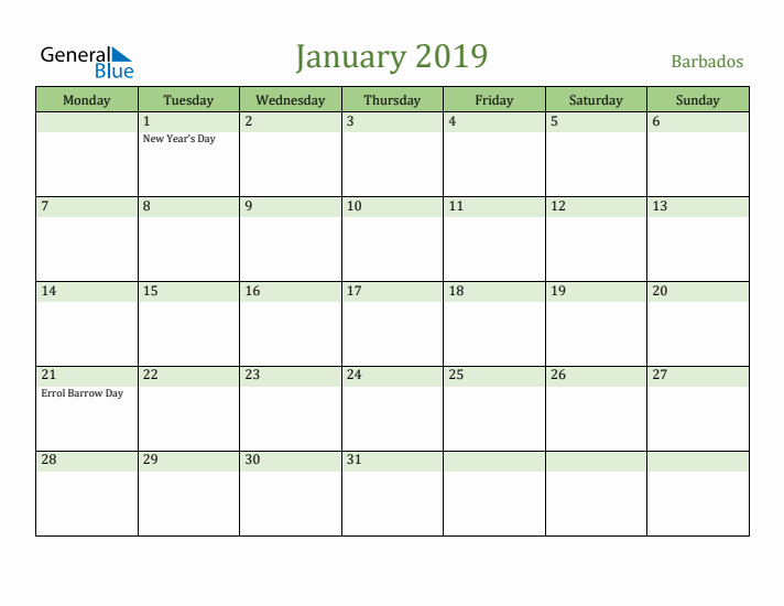 January 2019 Calendar with Barbados Holidays