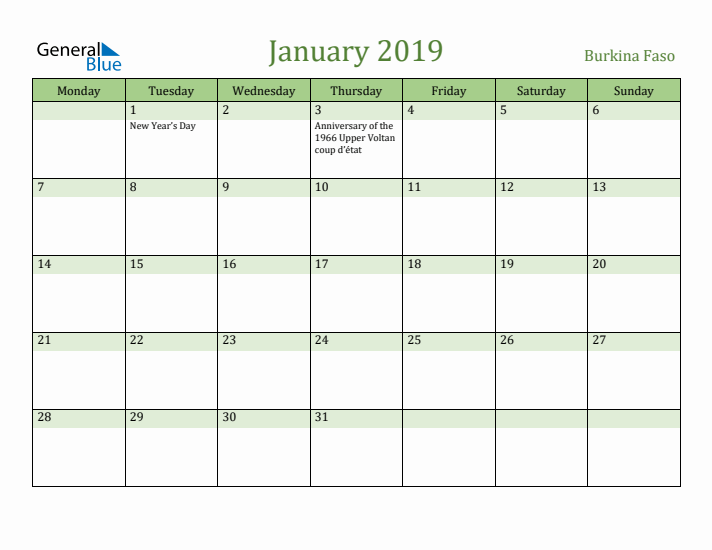 January 2019 Calendar with Burkina Faso Holidays