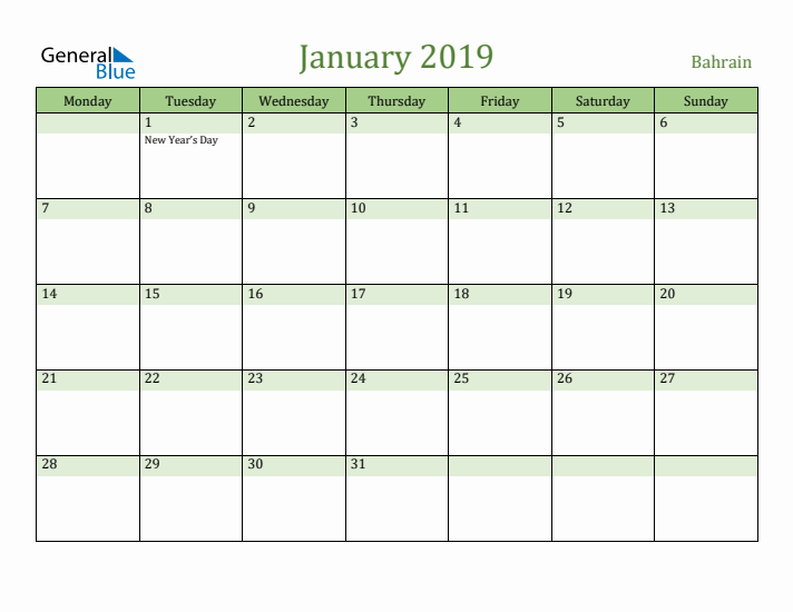 January 2019 Calendar with Bahrain Holidays