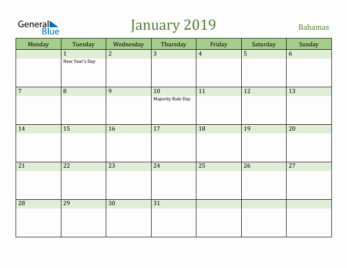 January 2019 Calendar with Bahamas Holidays