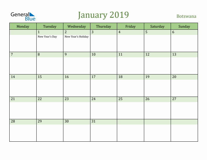 January 2019 Calendar with Botswana Holidays