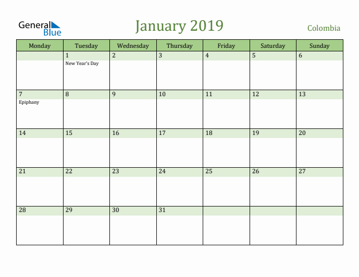 January 2019 Calendar with Colombia Holidays