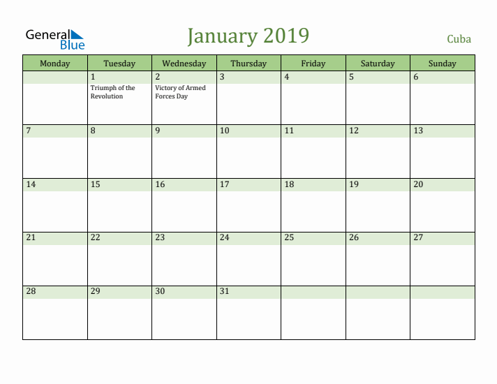 January 2019 Calendar with Cuba Holidays