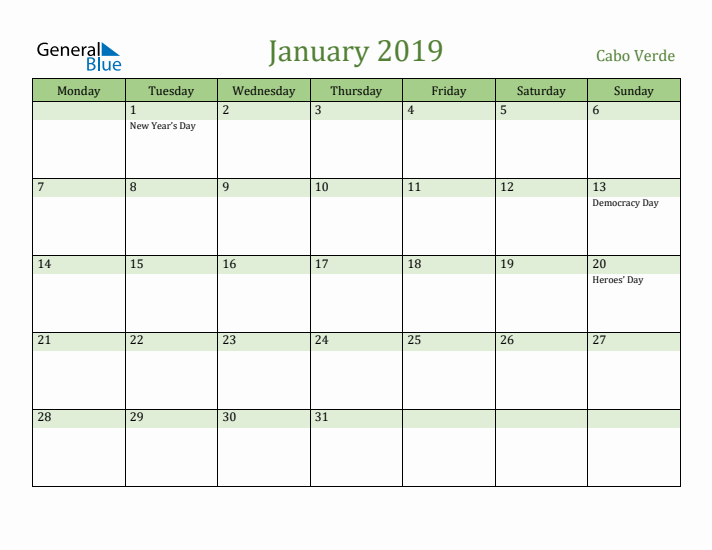 January 2019 Calendar with Cabo Verde Holidays