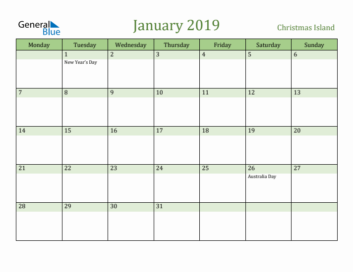 January 2019 Calendar with Christmas Island Holidays