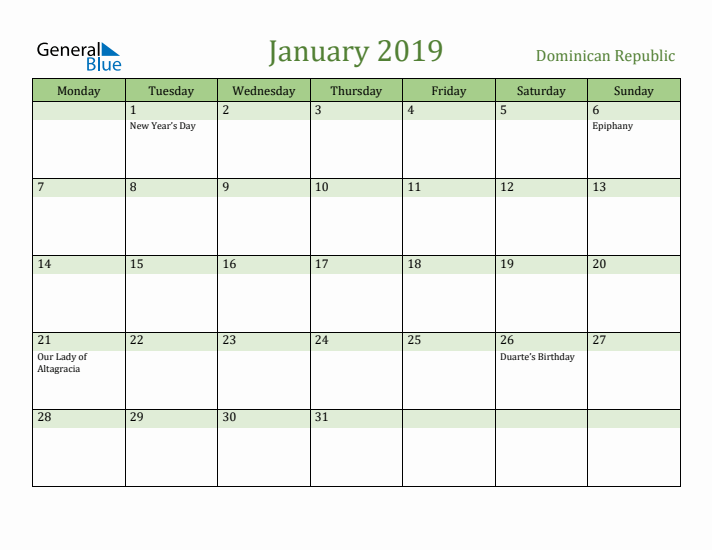 January 2019 Calendar with Dominican Republic Holidays