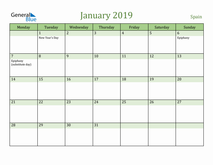 January 2019 Calendar with Spain Holidays
