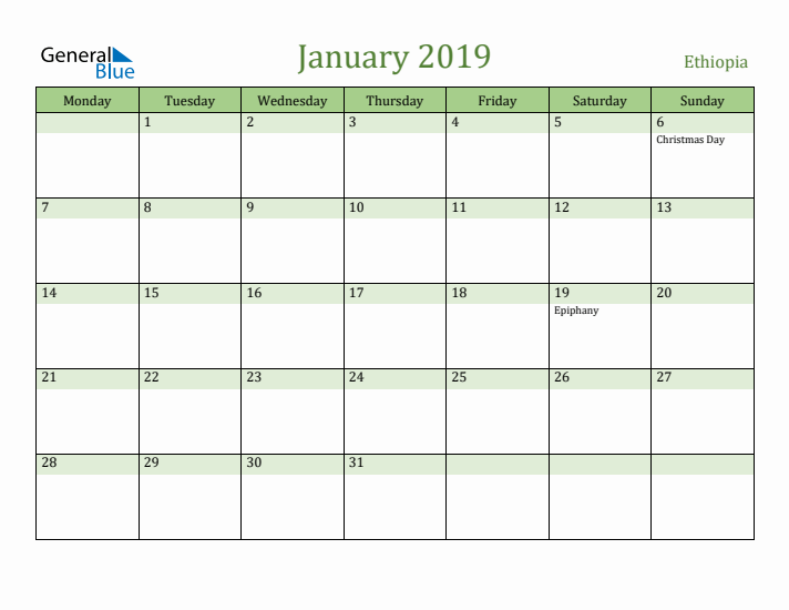 January 2019 Calendar with Ethiopia Holidays