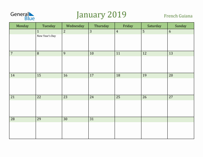 January 2019 Calendar with French Guiana Holidays