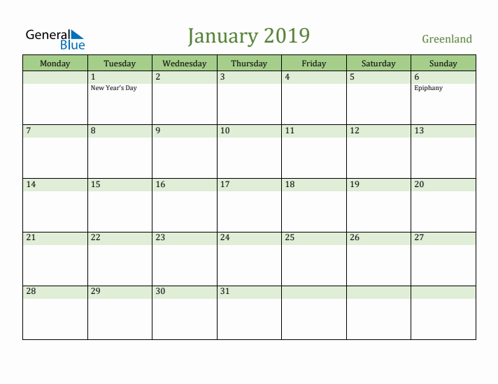 January 2019 Calendar with Greenland Holidays
