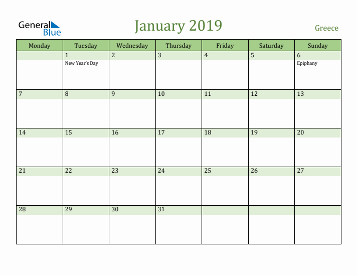 January 2019 Calendar with Greece Holidays