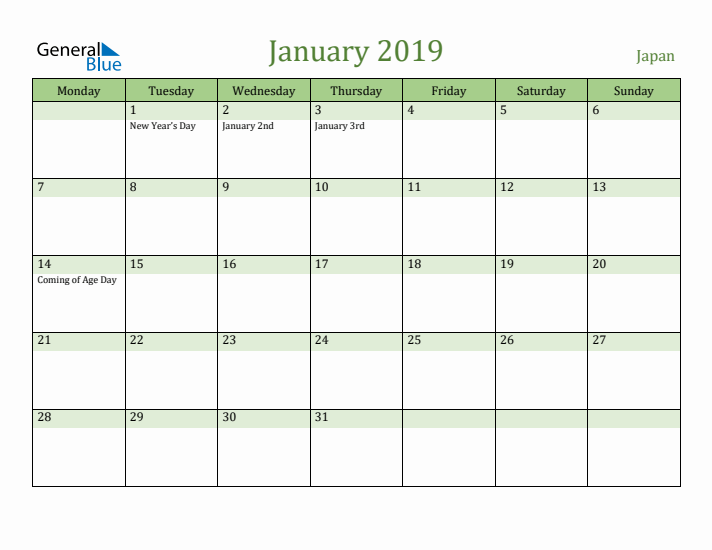 January 2019 Calendar with Japan Holidays
