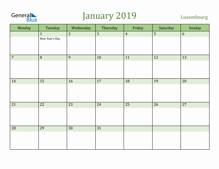 January 2019 Calendar with Luxembourg Holidays