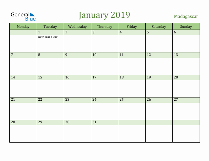 January 2019 Calendar with Madagascar Holidays
