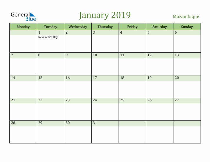 January 2019 Calendar with Mozambique Holidays