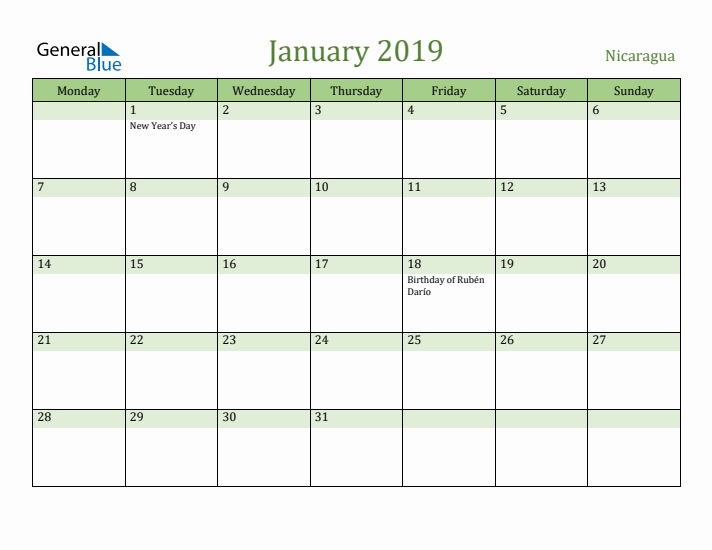 January 2019 Calendar with Nicaragua Holidays