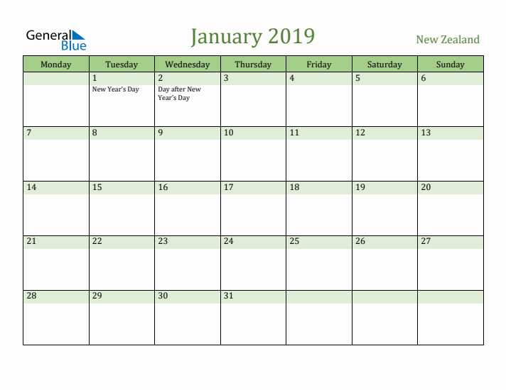 January 2019 Calendar with New Zealand Holidays