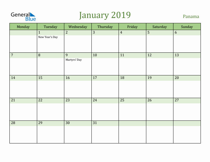 January 2019 Calendar with Panama Holidays