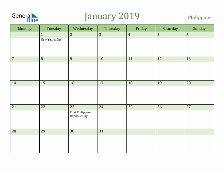 January 2019 Calendar with Philippines Holidays