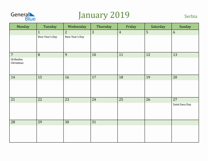 January 2019 Calendar with Serbia Holidays