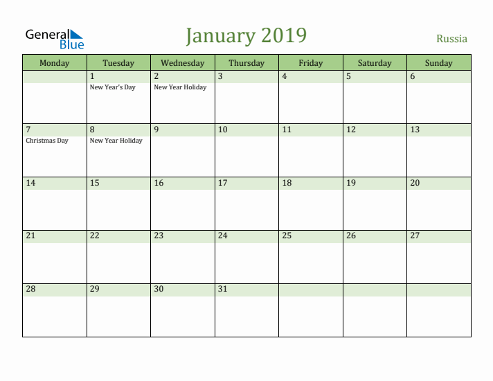 January 2019 Calendar with Russia Holidays