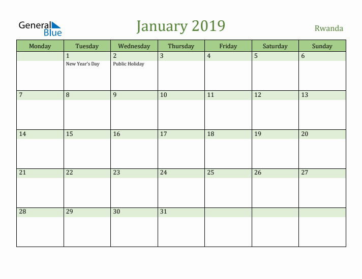 January 2019 Calendar with Rwanda Holidays