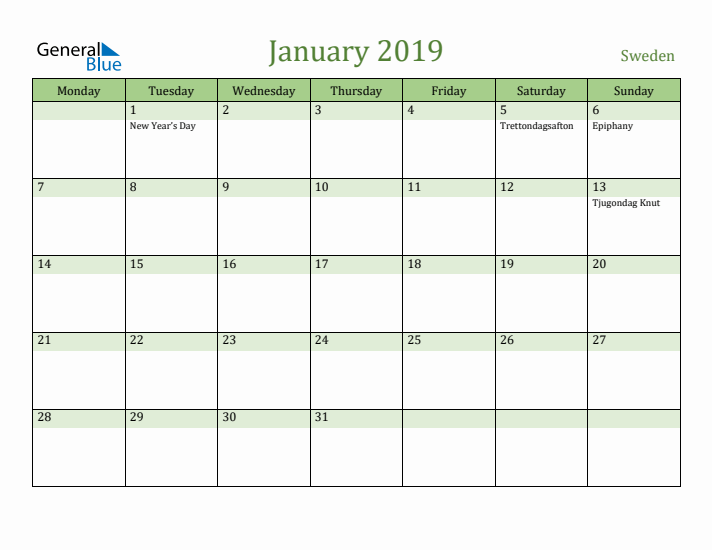 January 2019 Calendar with Sweden Holidays