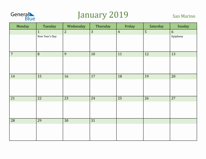 January 2019 Calendar with San Marino Holidays