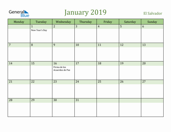 January 2019 Calendar with El Salvador Holidays