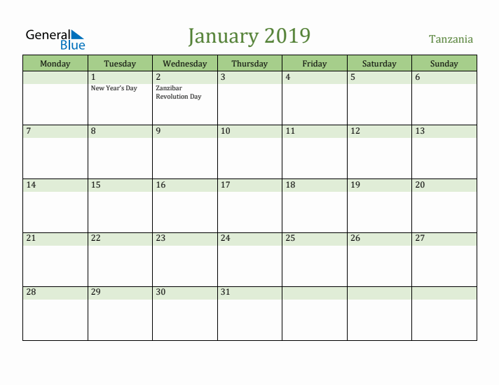 January 2019 Calendar with Tanzania Holidays