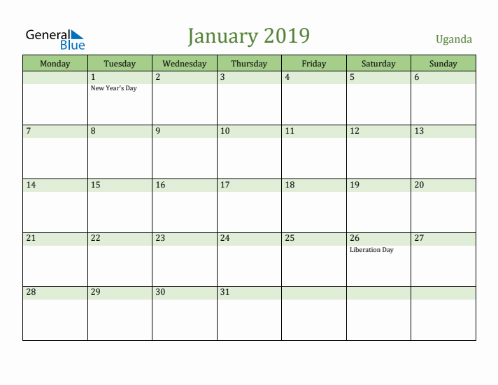 January 2019 Calendar with Uganda Holidays