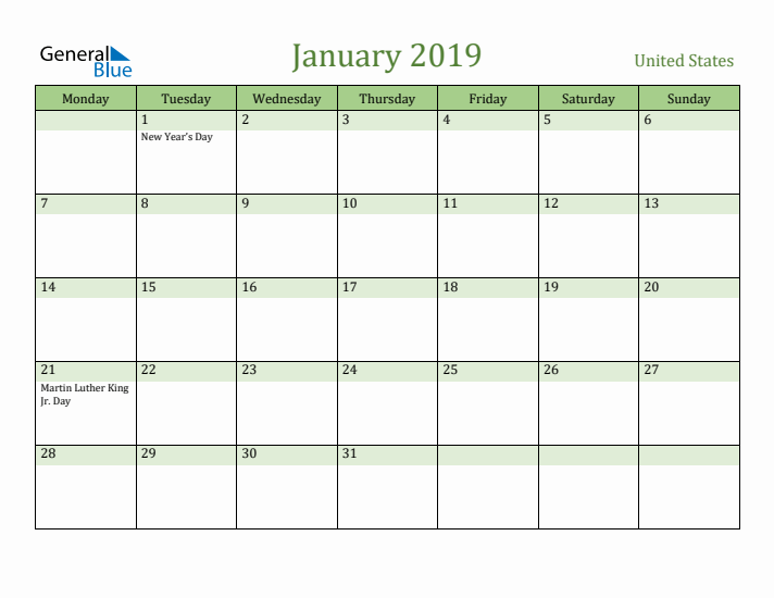 January 2019 Calendar with United States Holidays