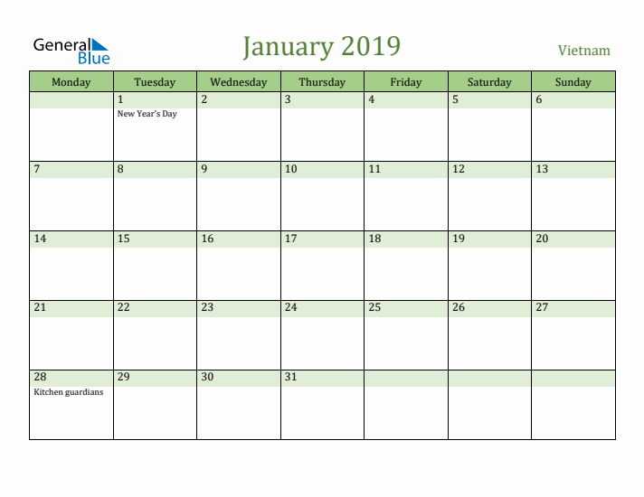 January 2019 Calendar with Vietnam Holidays