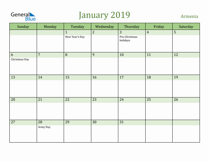 January 2019 Calendar with Armenia Holidays