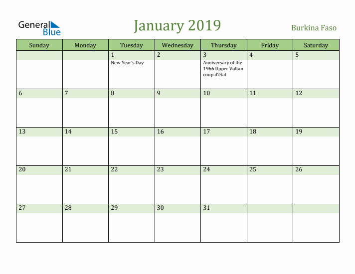 January 2019 Calendar with Burkina Faso Holidays